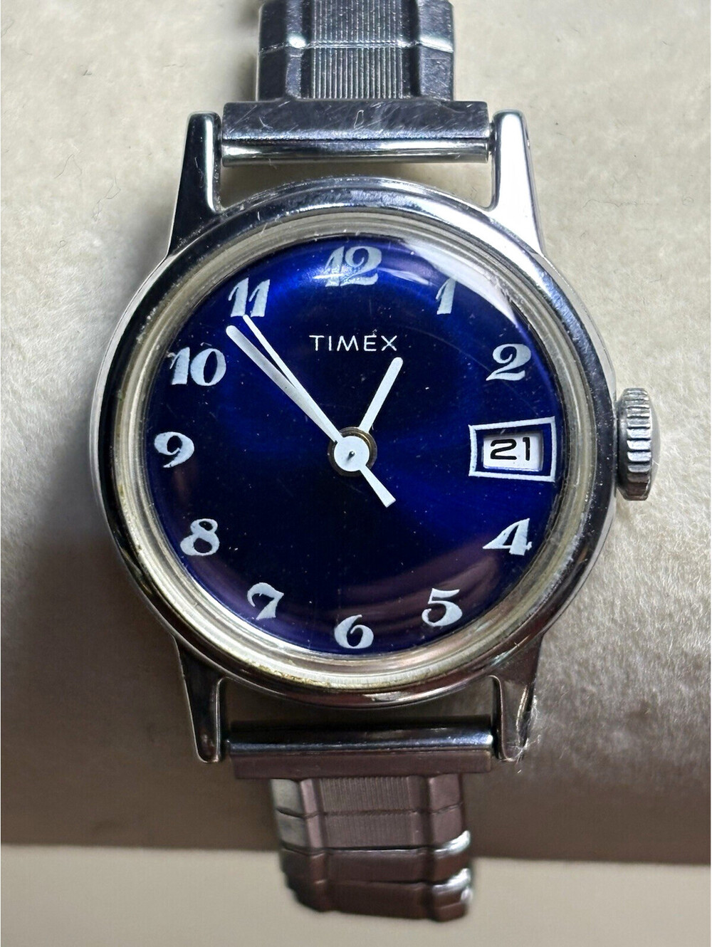 Rare Vintage Timex Blue Dial Manual Wind Date Watch Chrome Mechanical Runs 1970s